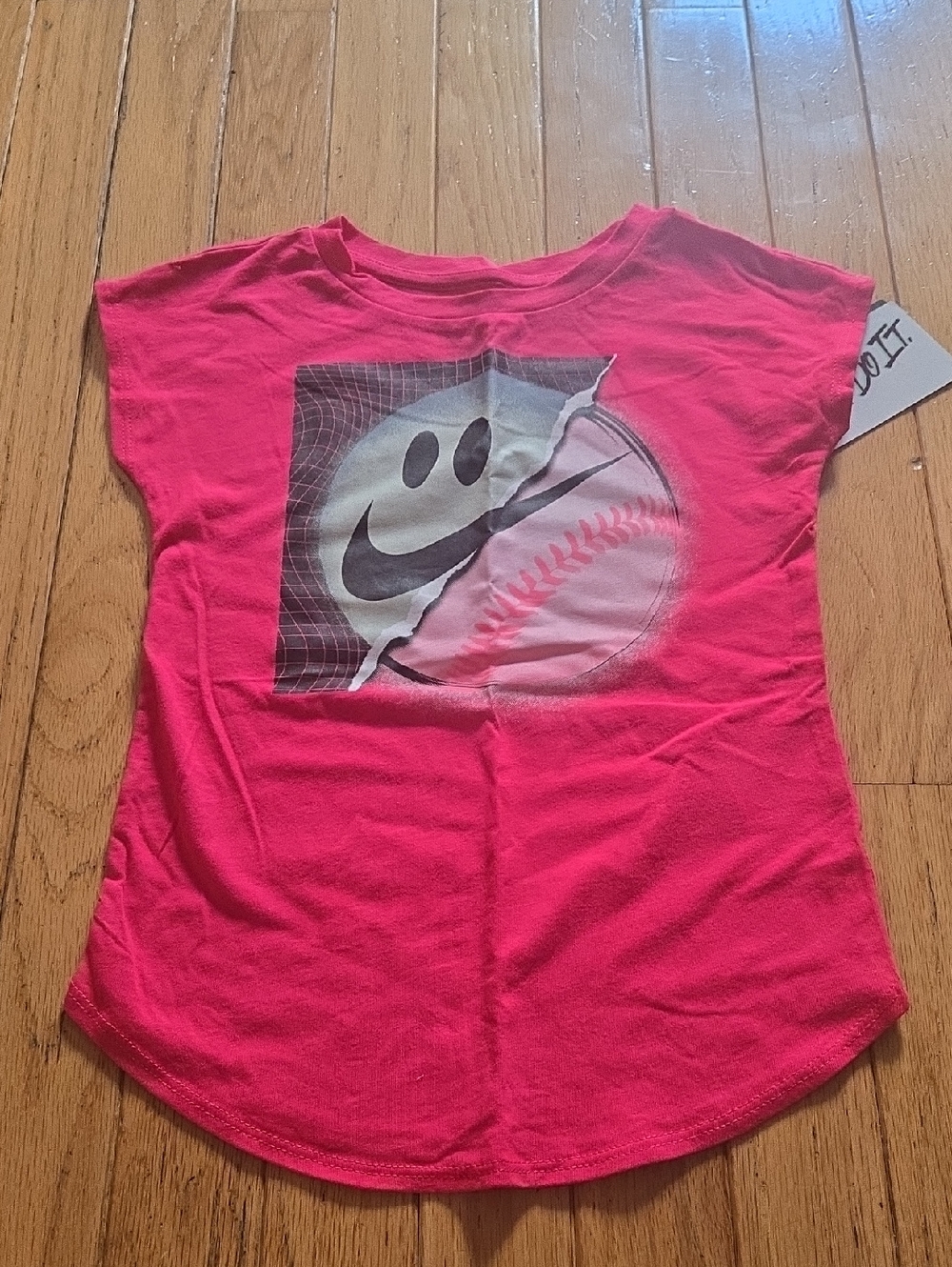 Nike Girls Pink Smiley Baseball Graphic Short Sleeve Tee
